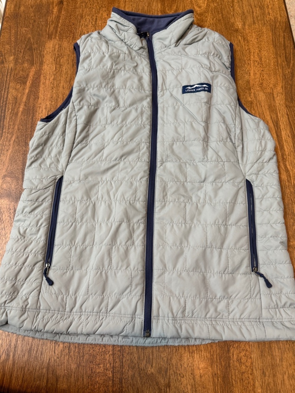 Lauren James Quilted Vest in Light Gray with Navy Logo Patch